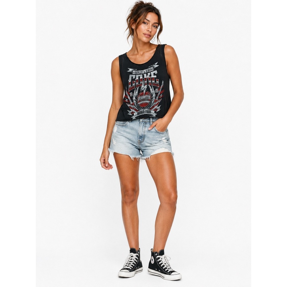 Coca-Cola Graphic Tank Top Women XS Black World Tour Rocker Cropped Tee